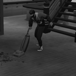 Sim mit neuem Retro-Chic Outfit staubsaugt das Chaos der Kleinkinder weg.