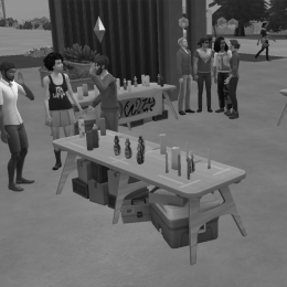 Auf einem Gemeinschaftsgrundstück in der Nachbarschaft können Sims ihre handgemachten Produkte verkaufen.