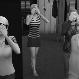 Sims halten sich die Augen zu, während der Innendesigner auf sie wartet, um das Ergebnis zu enthüllen.