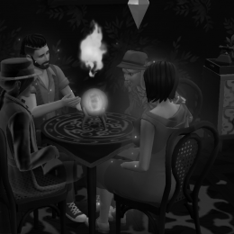 Vier Sims, darunter ein Geist, sitzen an einem Séancetisch und schauen auf die Zauberkugel, die einen Geist zeigt.