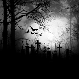 Ein Friedhof bei Sonnenuntergang mit fliegenden Fledermäusen