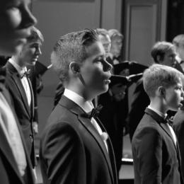 Mehrere Jungen stehen in Anzügen mit Fliegen nebeneinander und singen.