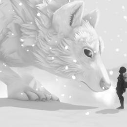 Die Protagonistin Kay trifft in einer Schneewelt auf einen weißen Wolf.