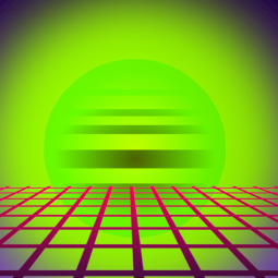 Ein dreidimensionales Vektorennetz vor einer digitalen Sonne und lila Hintergrund.