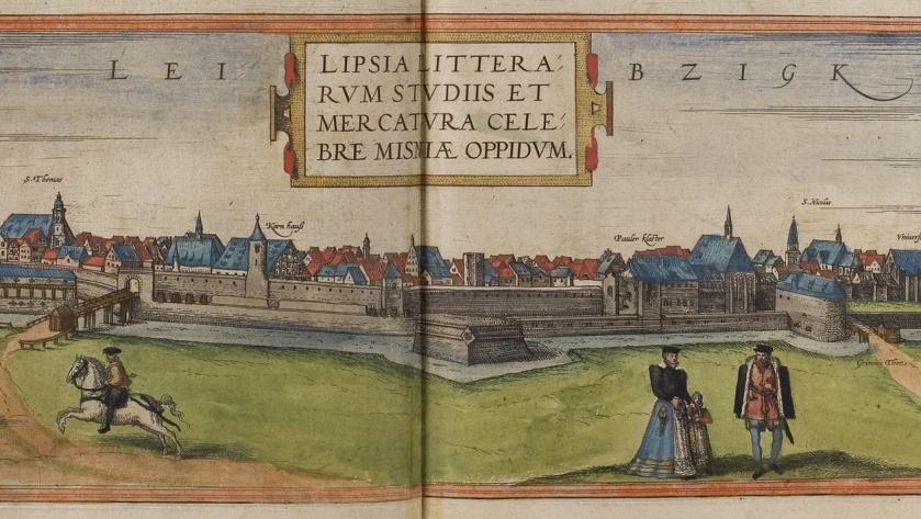 kolorierter Kupferstich vom Leipzig des Jahres 1572