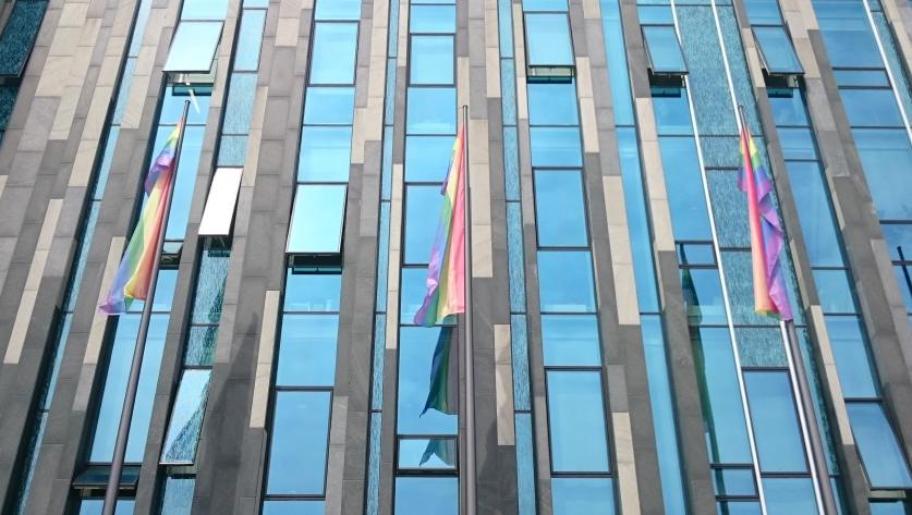 Bunte Flaggen vor Uni