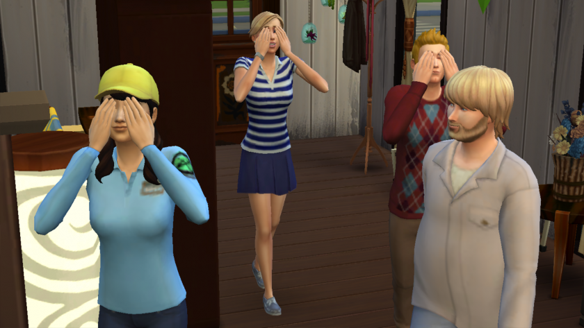 Sims halten sich die Augen zu, während der Innendesigner auf sie wartet, um das Ergebnis zu enthüllen.