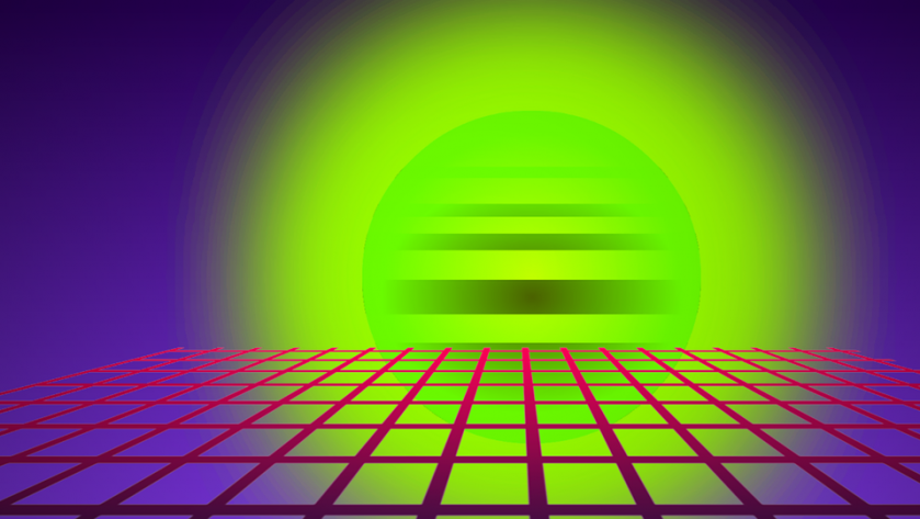Ein dreidimensionales Vektorennetz vor einer digitalen Sonne und lila Hintergrund.