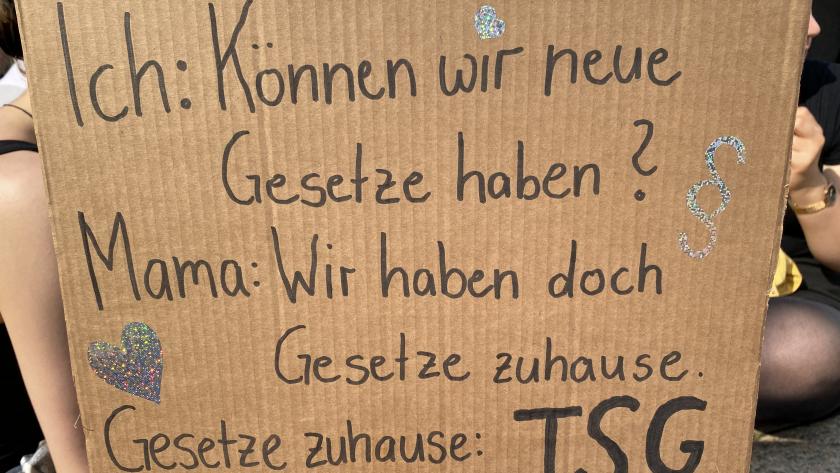Ein Demoschild mit der Aufschrift "Ich: Können wir neue Gesetze haben? Mama: Wir haben doch Gesetze zuhause. Gesetze zuhause:TSG