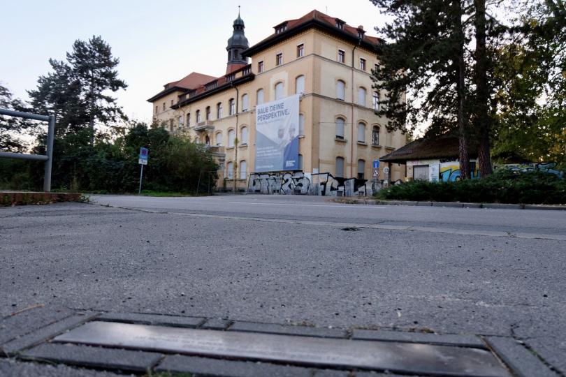 Stolperschwelle mit Blick auf die ehemalige Heilanstalt Dösen
