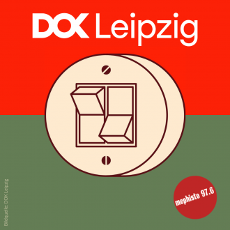 Das Logo des DOK Leipzig und der diesjährige Lichtschalter auf rot-grünem Hintergrund.
